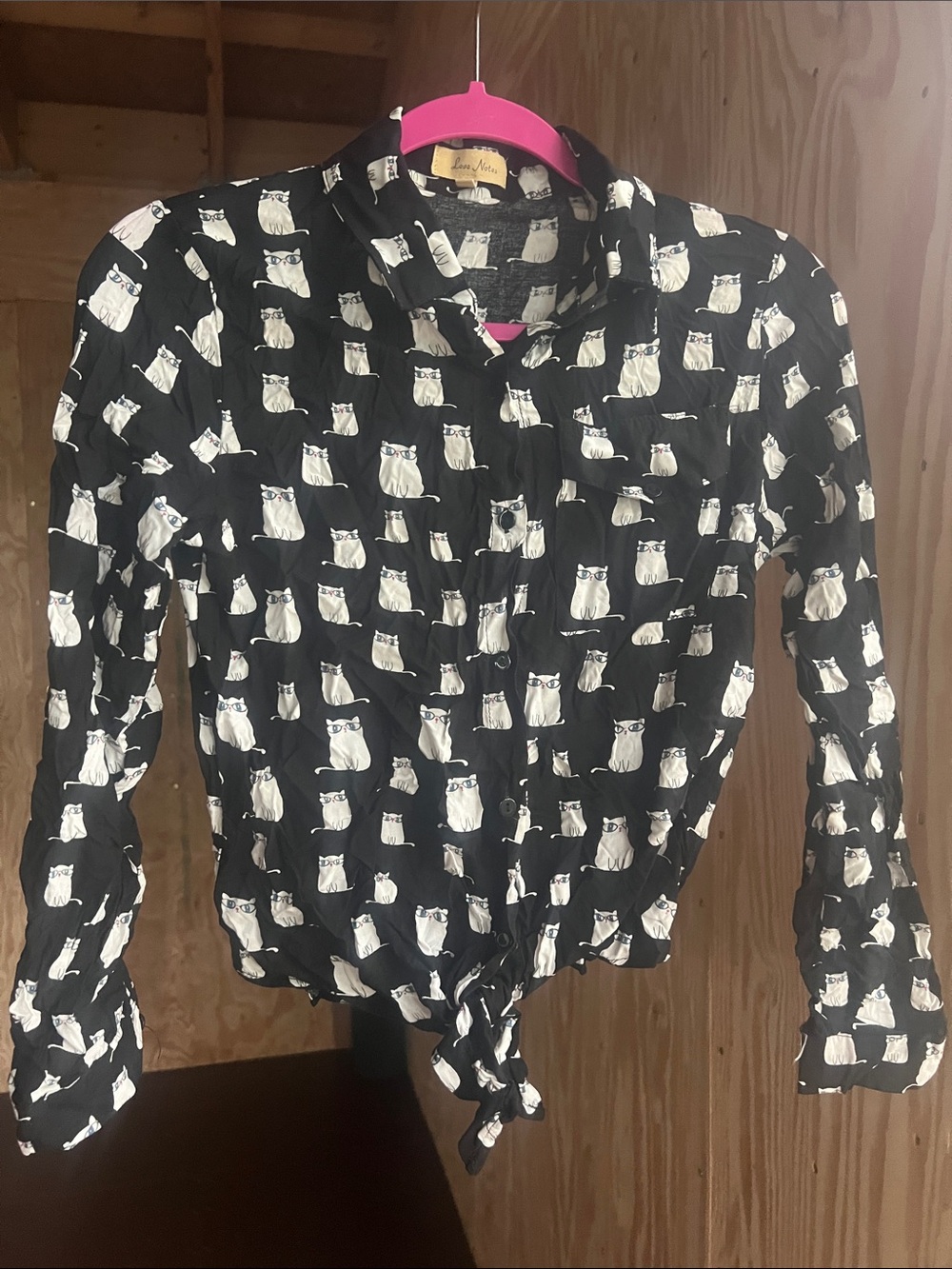 Love Notes Black Button-Down Shirt with White Cat Print